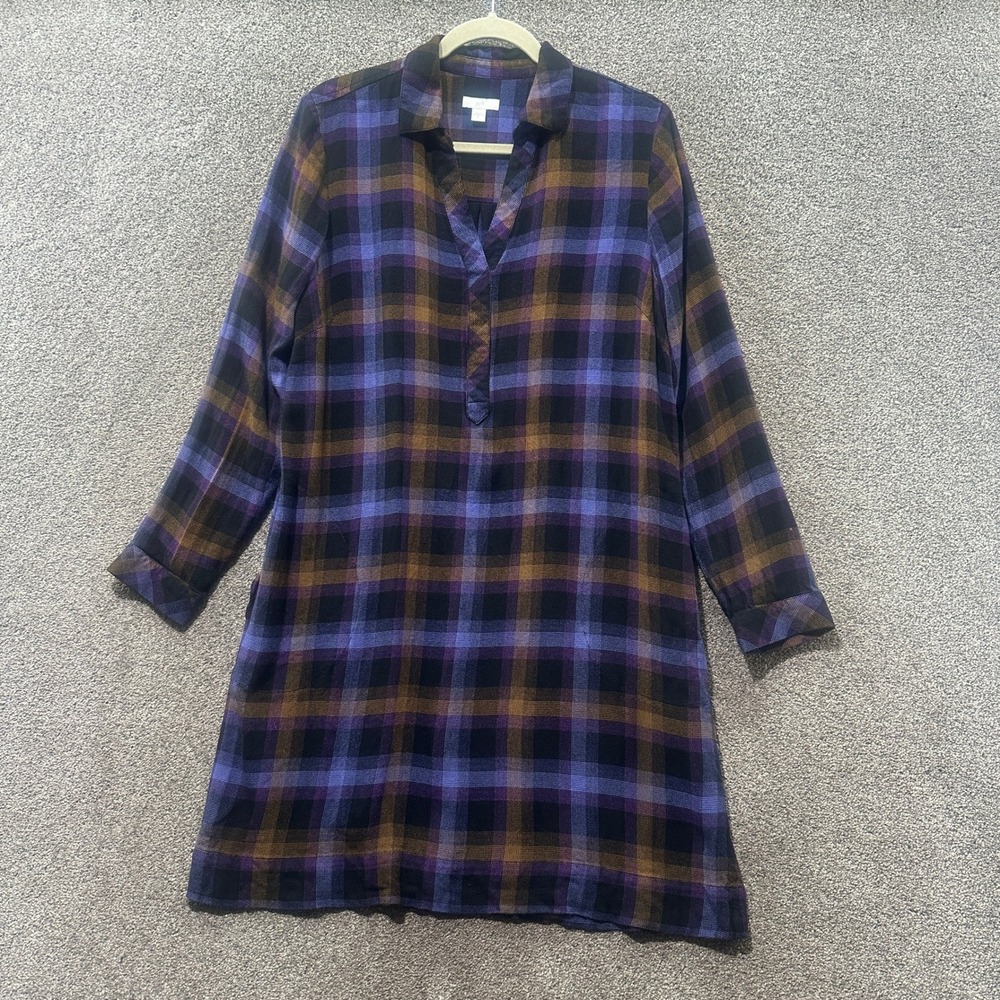J Jill Shirt Dress Women Medium Purple Brown Plaid Rayon Long Sleeve V-Neck